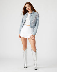 CANYON Denim Jacket | Women's Rhinestone Fringe Jacket | Steve Madden on Sale