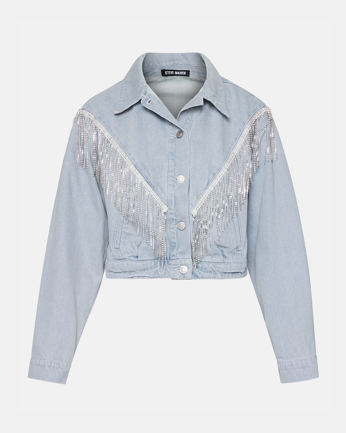 CANYON Denim Jacket | Women's Rhinestone Fringe Jacket | Steve Madden on Sale