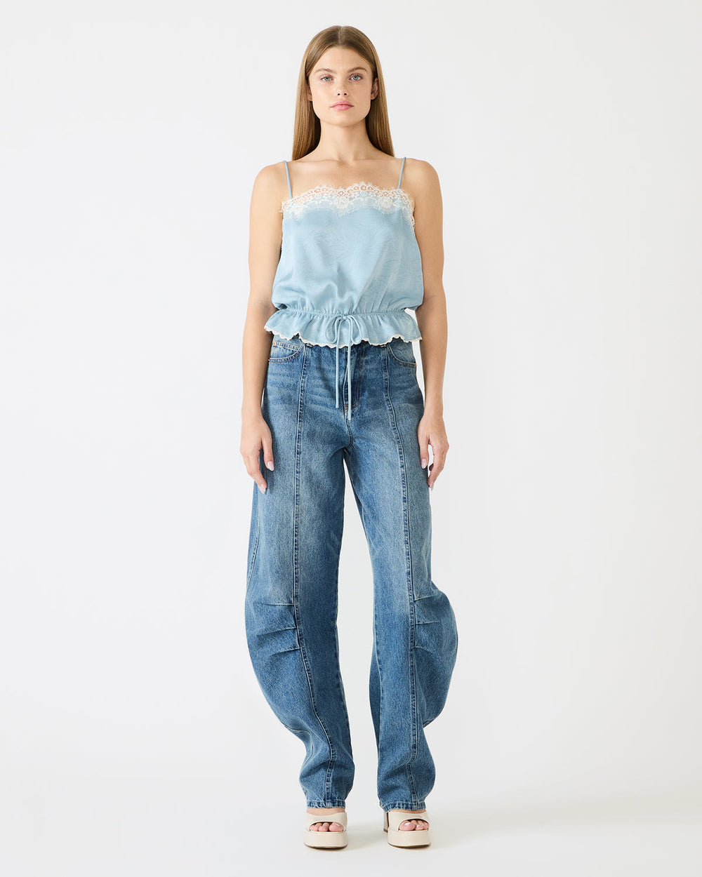 ROAN Dusty Blue Sleeveless Lace Trime Cinched Waist Women's Top | Steve Madden for Sale