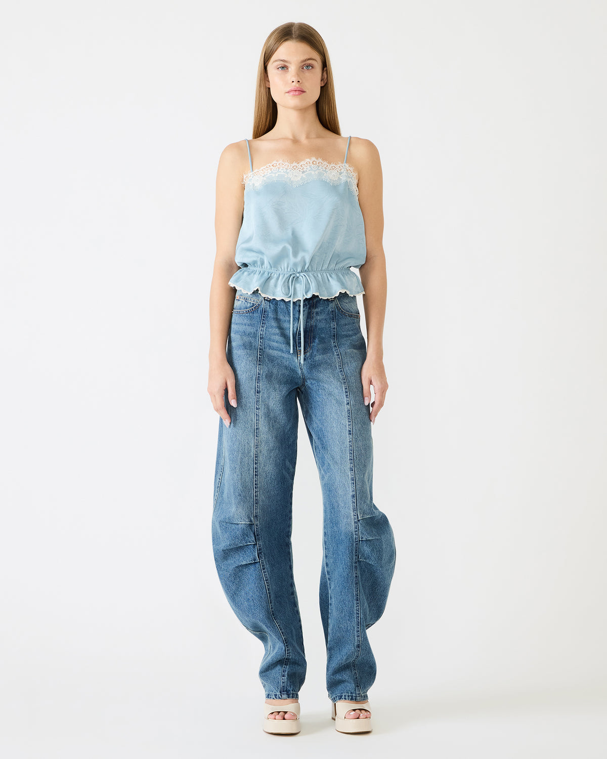 ROAN Dusty Blue Sleeveless Lace Trime Cinched Waist Women's Top | Steve Madden for Sale
