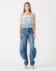 ROAN Dusty Blue Sleeveless Lace Trime Cinched Waist Women's Top | Steve Madden for Sale