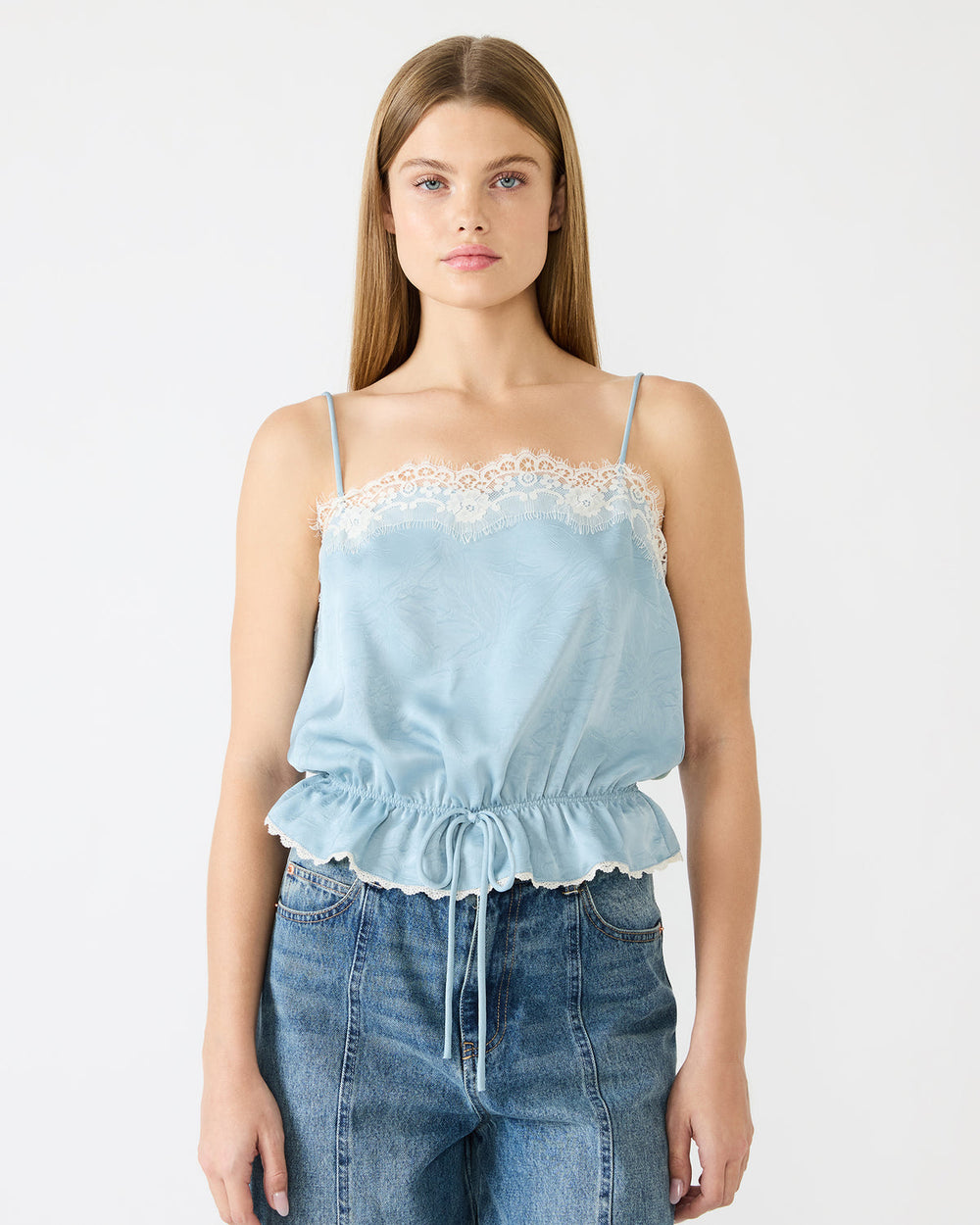 ROAN Dusty Blue Sleeveless Lace Trime Cinched Waist Women's Top | Steve Madden for Sale