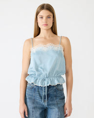 ROAN Dusty Blue Sleeveless Lace Trime Cinched Waist Women's Top | Steve Madden for Sale
