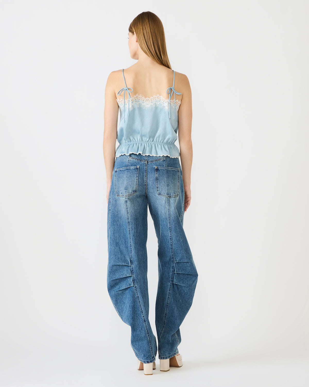 ROAN Dusty Blue Sleeveless Lace Trime Cinched Waist Women's Top | Steve Madden for Sale