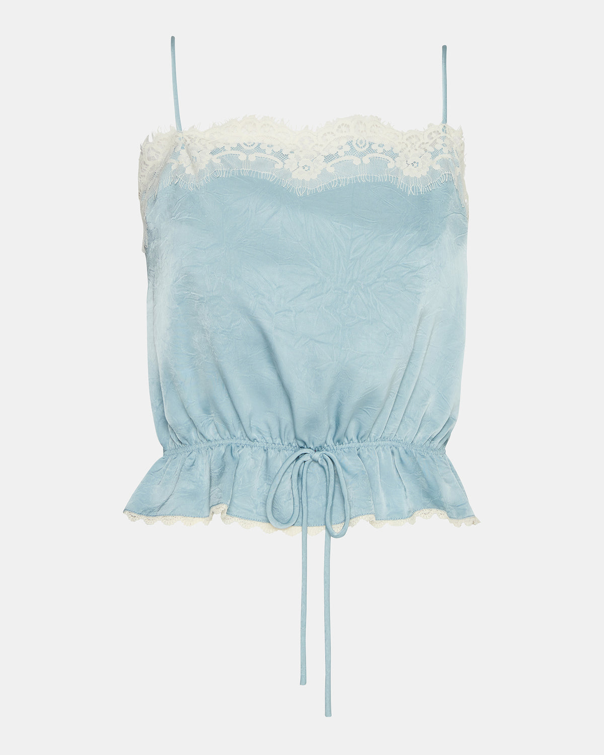 ROAN Dusty Blue Sleeveless Lace Trime Cinched Waist Women's Top | Steve Madden for Sale