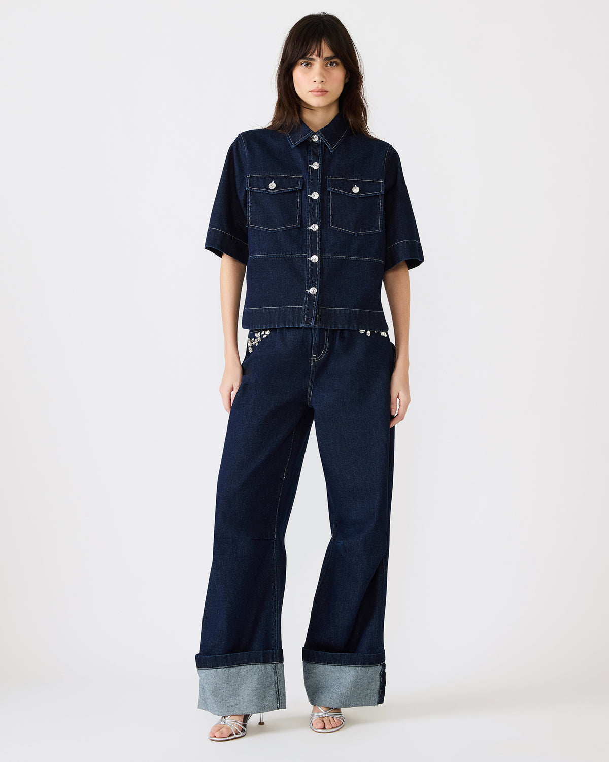 ELIANA Bijou Blue Short-Sleeved Button-Up Denim Women's Top | Steve Madden on Sale