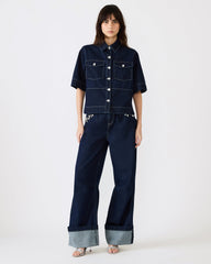ELIANA Bijou Blue Short-Sleeved Button-Up Denim Women's Top | Steve Madden on Sale
