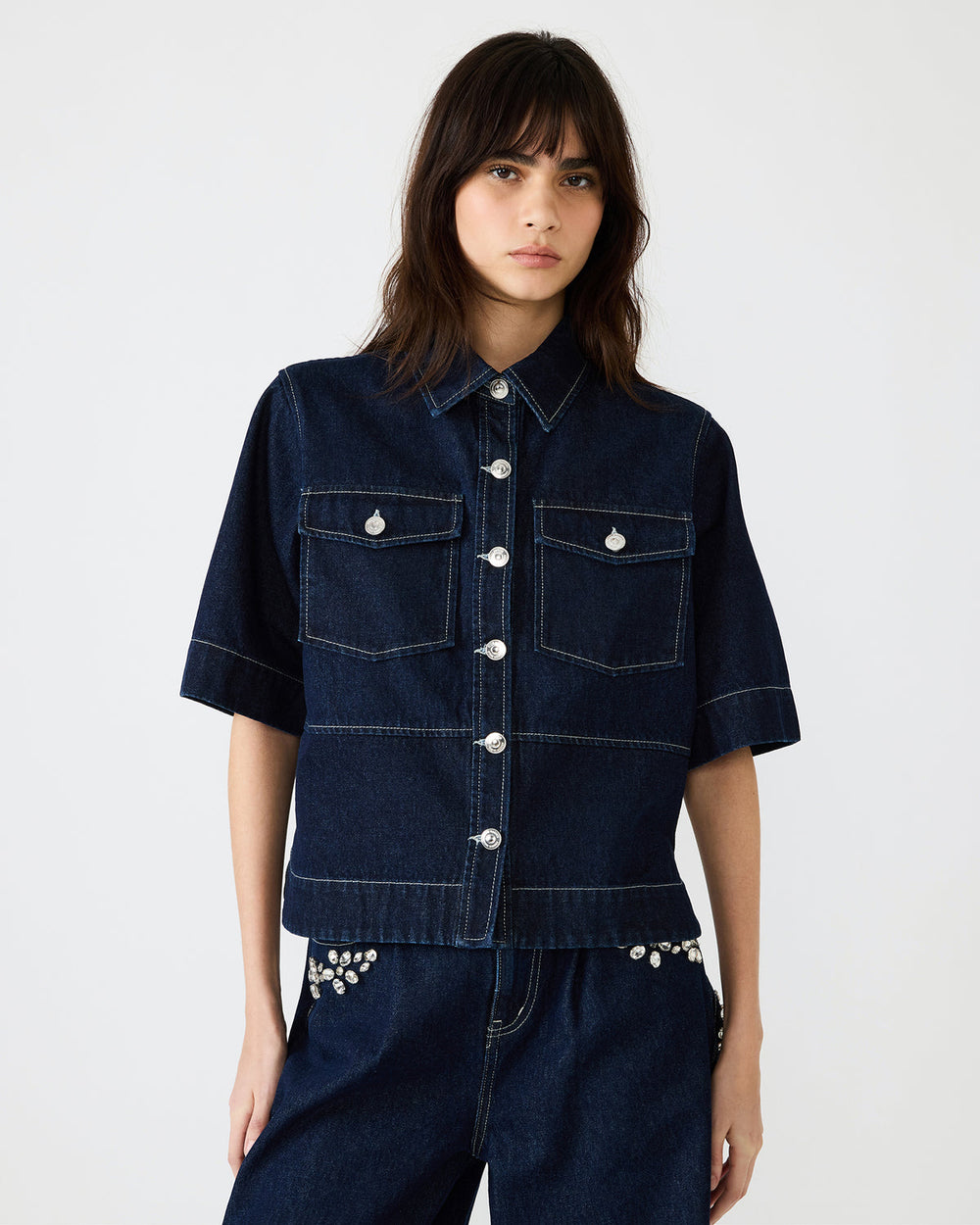 ELIANA Bijou Blue Short-Sleeved Button-Up Denim Women's Top | Steve Madden on Sale