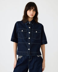ELIANA Bijou Blue Short-Sleeved Button-Up Denim Women's Top | Steve Madden on Sale