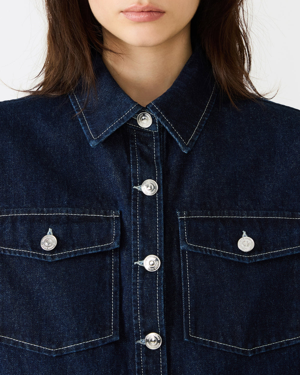 ELIANA Bijou Blue Short-Sleeved Button-Up Denim Women's Top | Steve Madden on Sale
