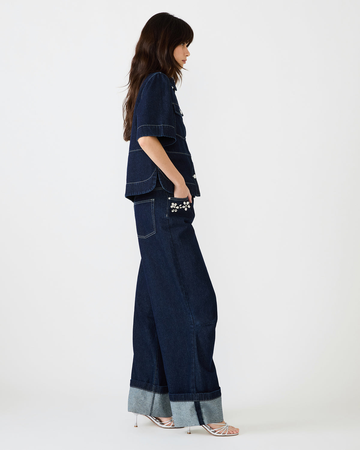 ELIANA Bijou Blue Short-Sleeved Button-Up Denim Women's Top | Steve Madden on Sale