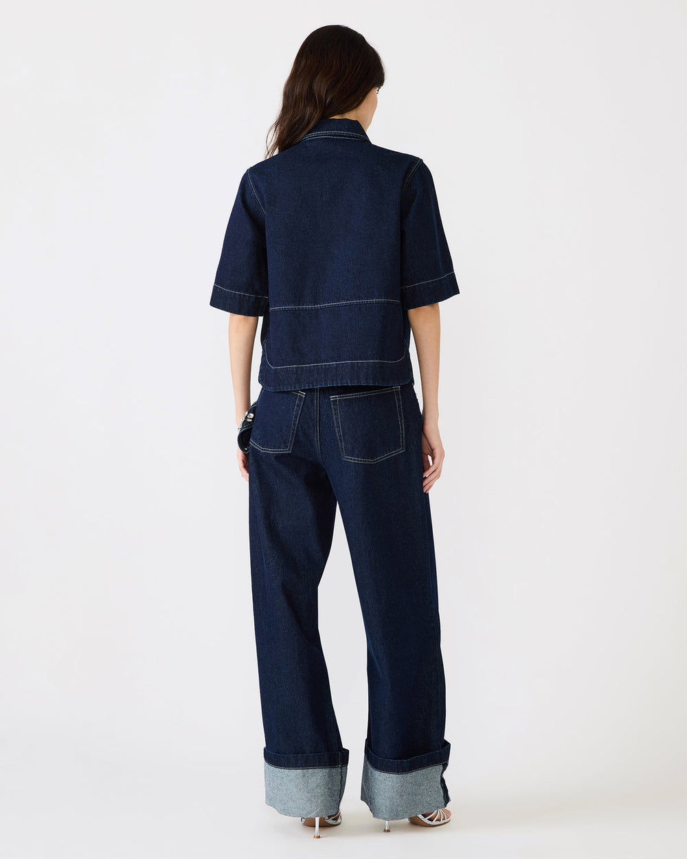 ELIANA Bijou Blue Short-Sleeved Button-Up Denim Women's Top | Steve Madden on Sale