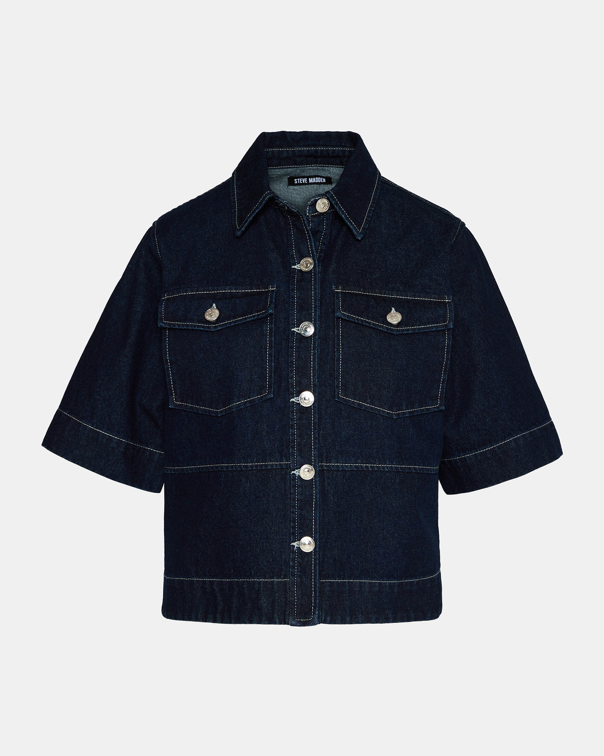 ELIANA Bijou Blue Short-Sleeved Button-Up Denim Women's Top | Steve Madden on Sale