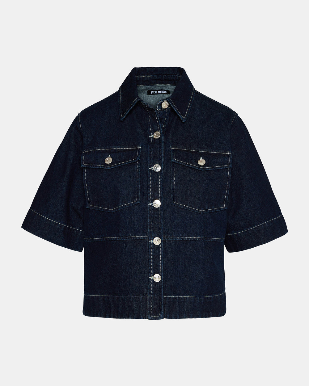 ELIANA Bijou Blue Short-Sleeved Button-Up Denim Women's Top | Steve Madden on Sale