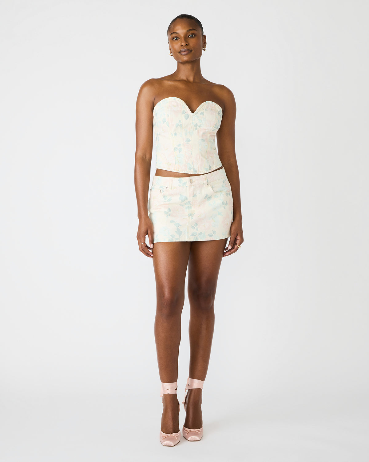 ROSELIA Peach Beige Floral Print Denim Strapless Corset Women's Top | Steve Madden discount