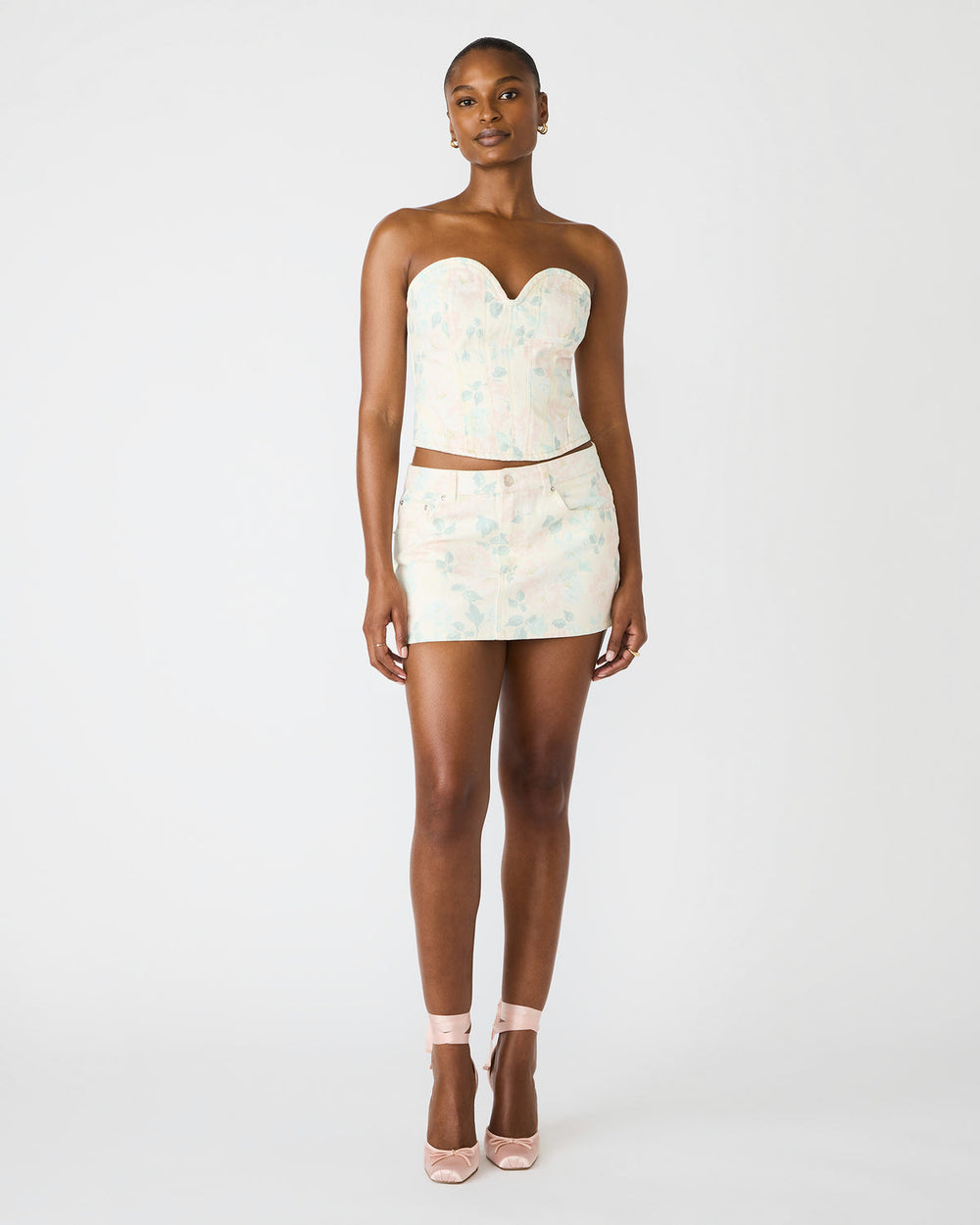 ROSELIA Peach Beige Floral Print Denim Strapless Corset Women's Top | Steve Madden discount