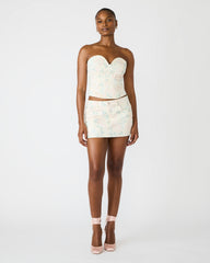 ROSELIA Peach Beige Floral Print Denim Strapless Corset Women's Top | Steve Madden discount