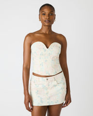 ROSELIA Peach Beige Floral Print Denim Strapless Corset Women's Top | Steve Madden discount