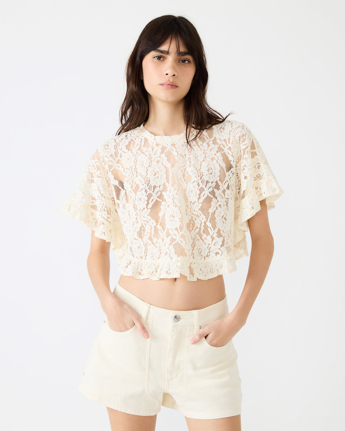 CALLUM Cream Short-Sleeved Mesh Lace Cropped Women's Top | Steve Madden US