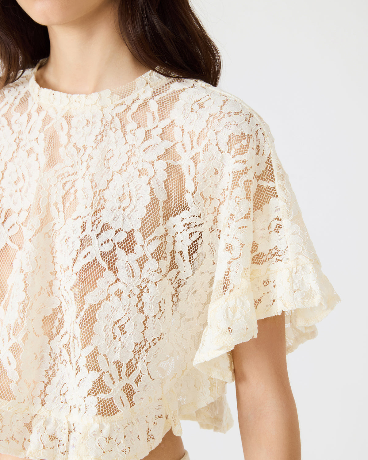 CALLUM Cream Short-Sleeved Mesh Lace Cropped Women's Top | Steve Madden US