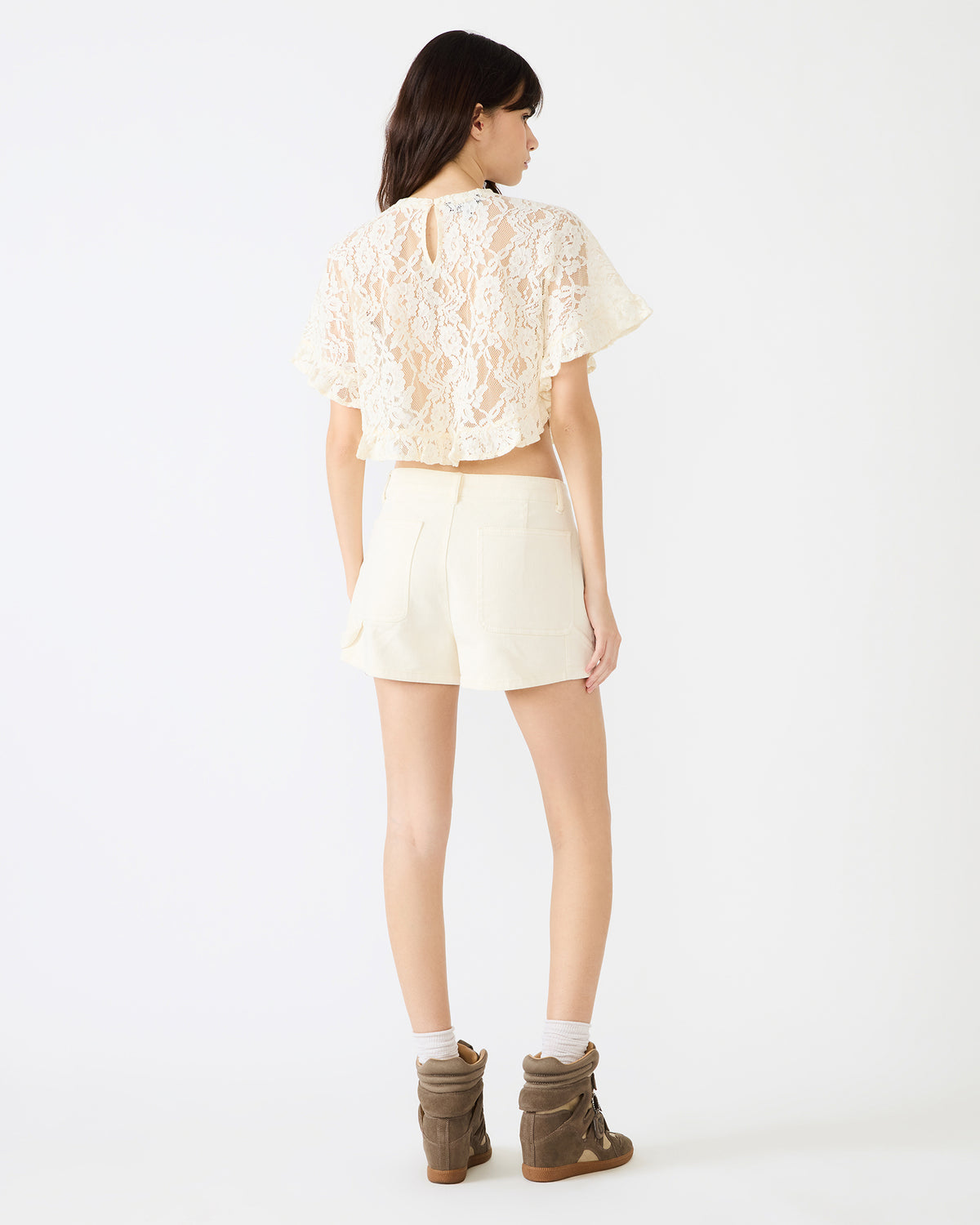 CALLUM Cream Short-Sleeved Mesh Lace Cropped Women's Top | Steve Madden US