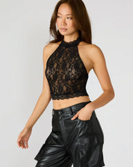 JUDY Black Lace Mesh Cropped Halter Women's Top | Steve Madden on Sale