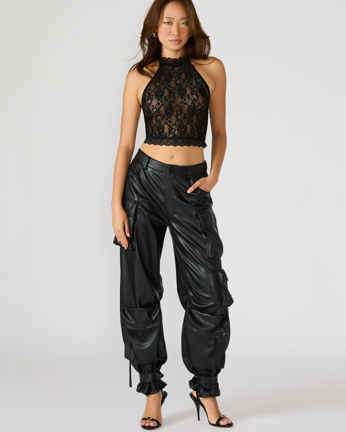 JUDY Black Lace Mesh Cropped Halter Women's Top | Steve Madden on Sale