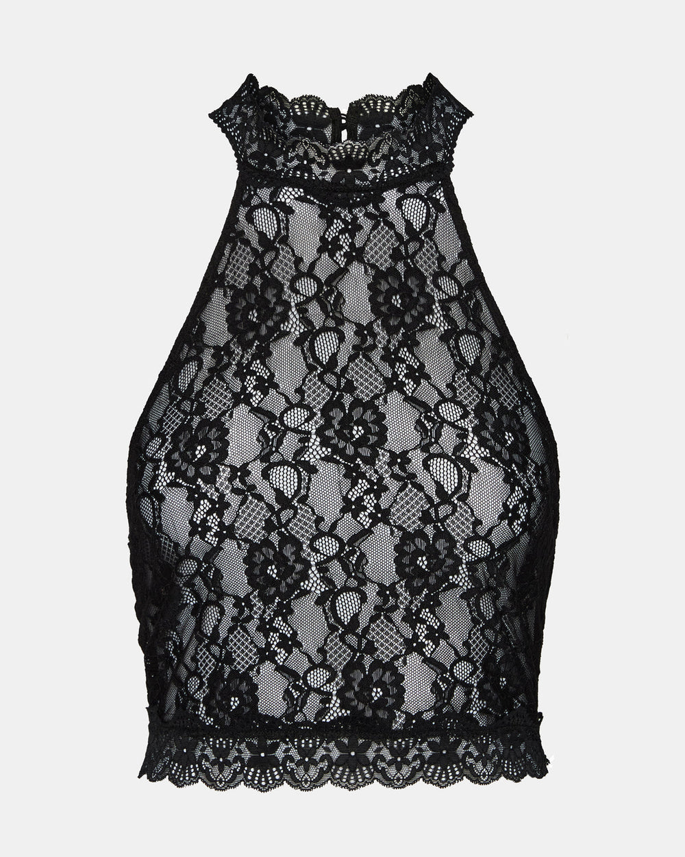 JUDY Black Lace Mesh Cropped Halter Women's Top | Steve Madden on Sale