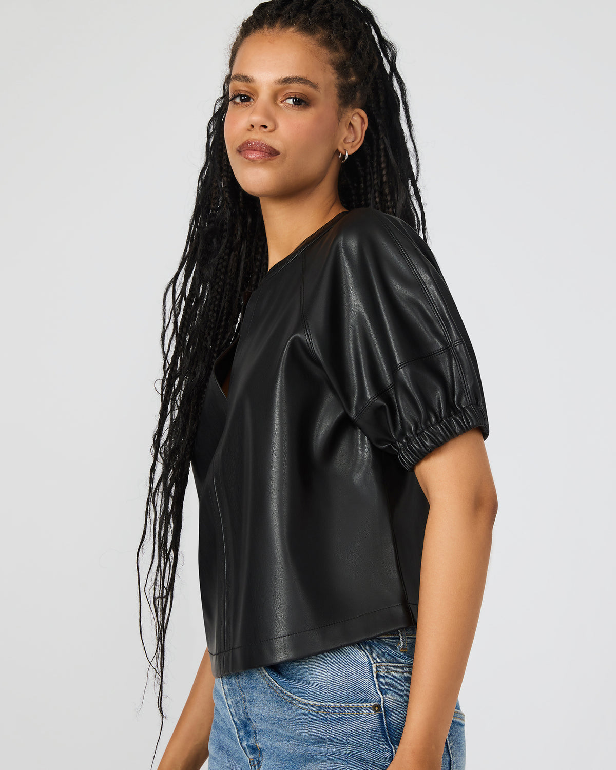 ROXANNE Black Short-Sleeved Faux Leather Puff Sleeve Women's Top | Steve Madden near me