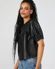 ROXANNE Black Short-Sleeved Faux Leather Puff Sleeve Women's Top | Steve Madden near me