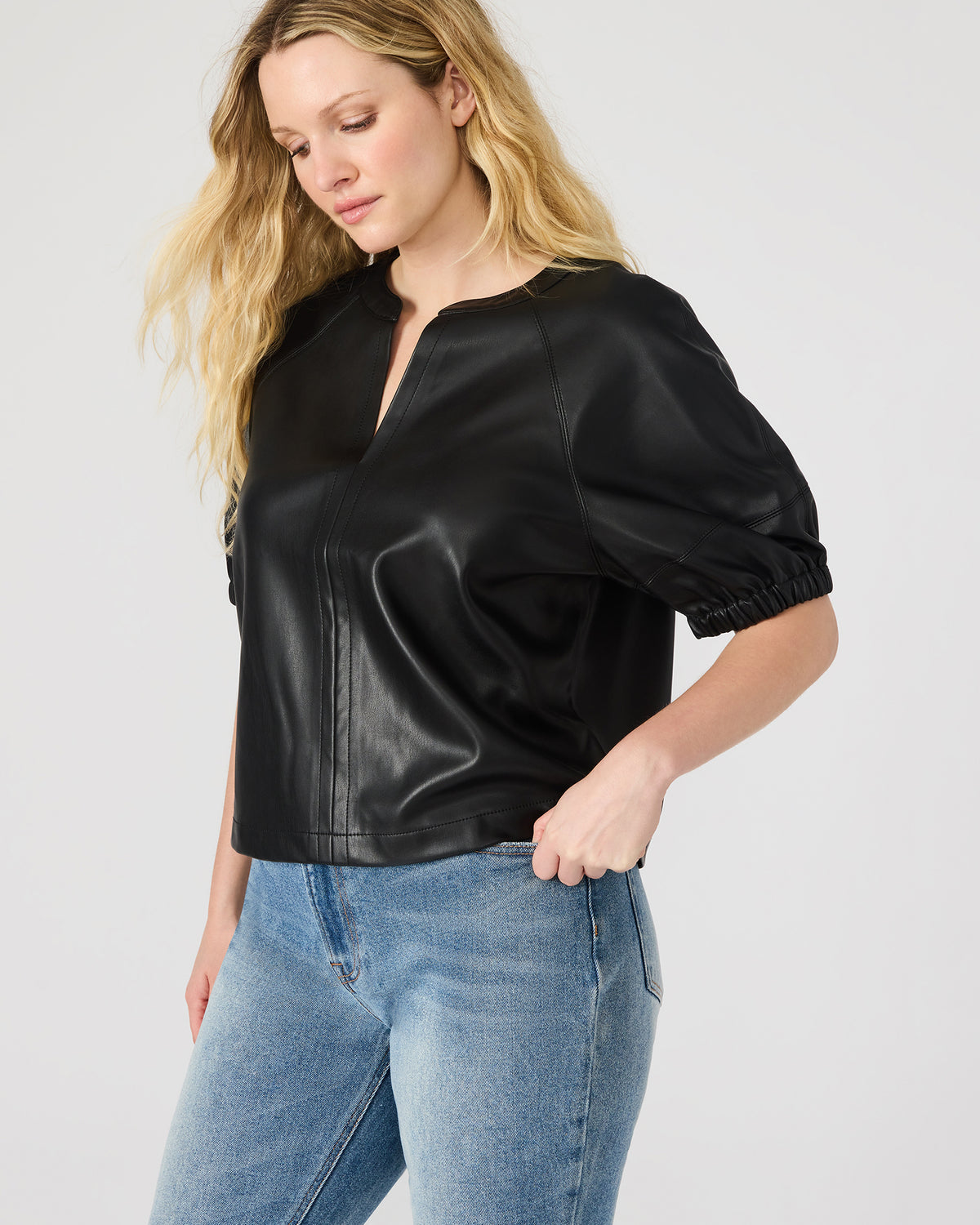 ROXANNE Black Short-Sleeved Faux Leather Puff Sleeve Women's Top | Steve Madden near me