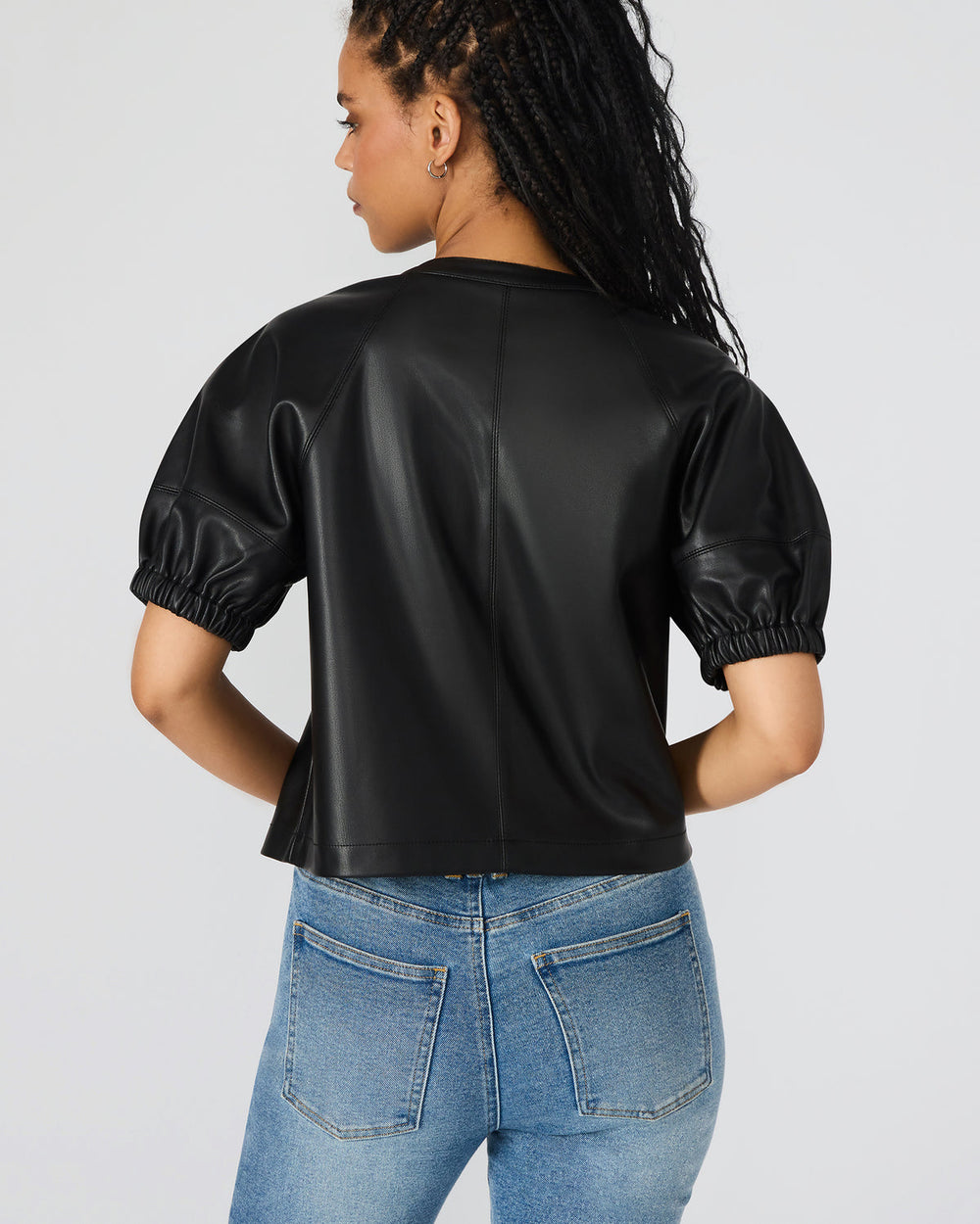 ROXANNE Black Short-Sleeved Faux Leather Puff Sleeve Women's Top | Steve Madden near me
