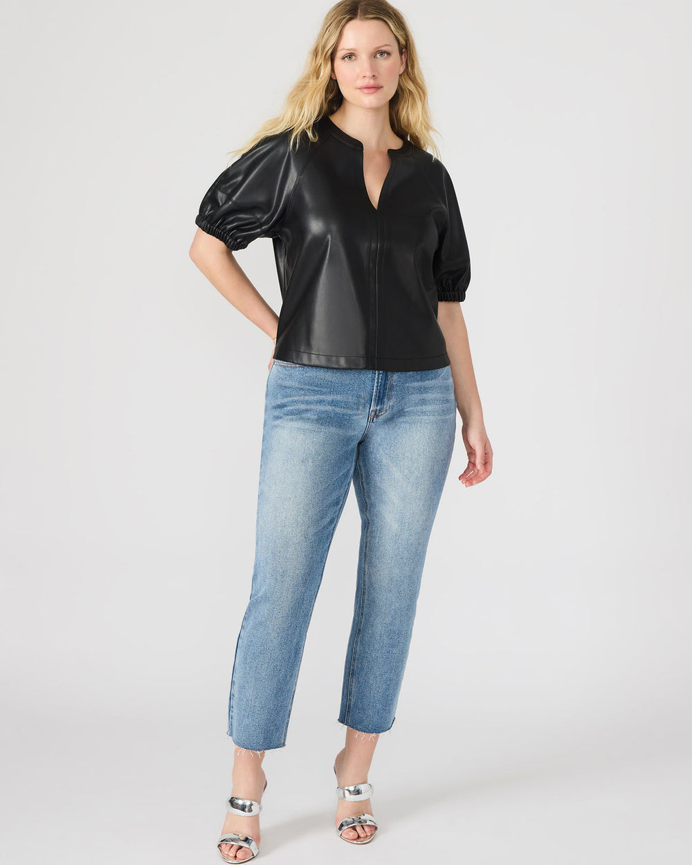 ROXANNE Black Short-Sleeved Faux Leather Puff Sleeve Women's Top | Steve Madden near me