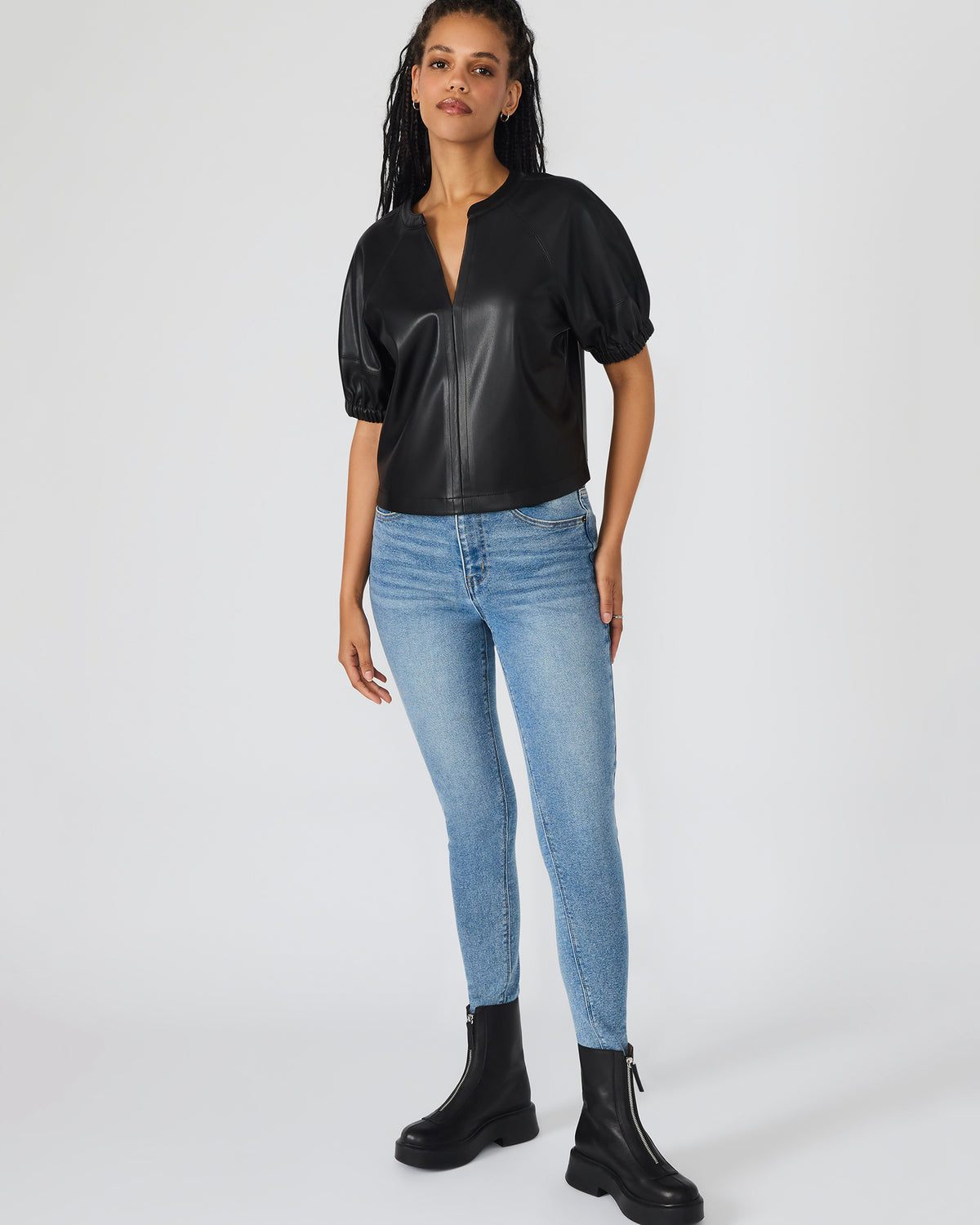 ROXANNE Black Short-Sleeved Faux Leather Puff Sleeve Women's Top | Steve Madden near me