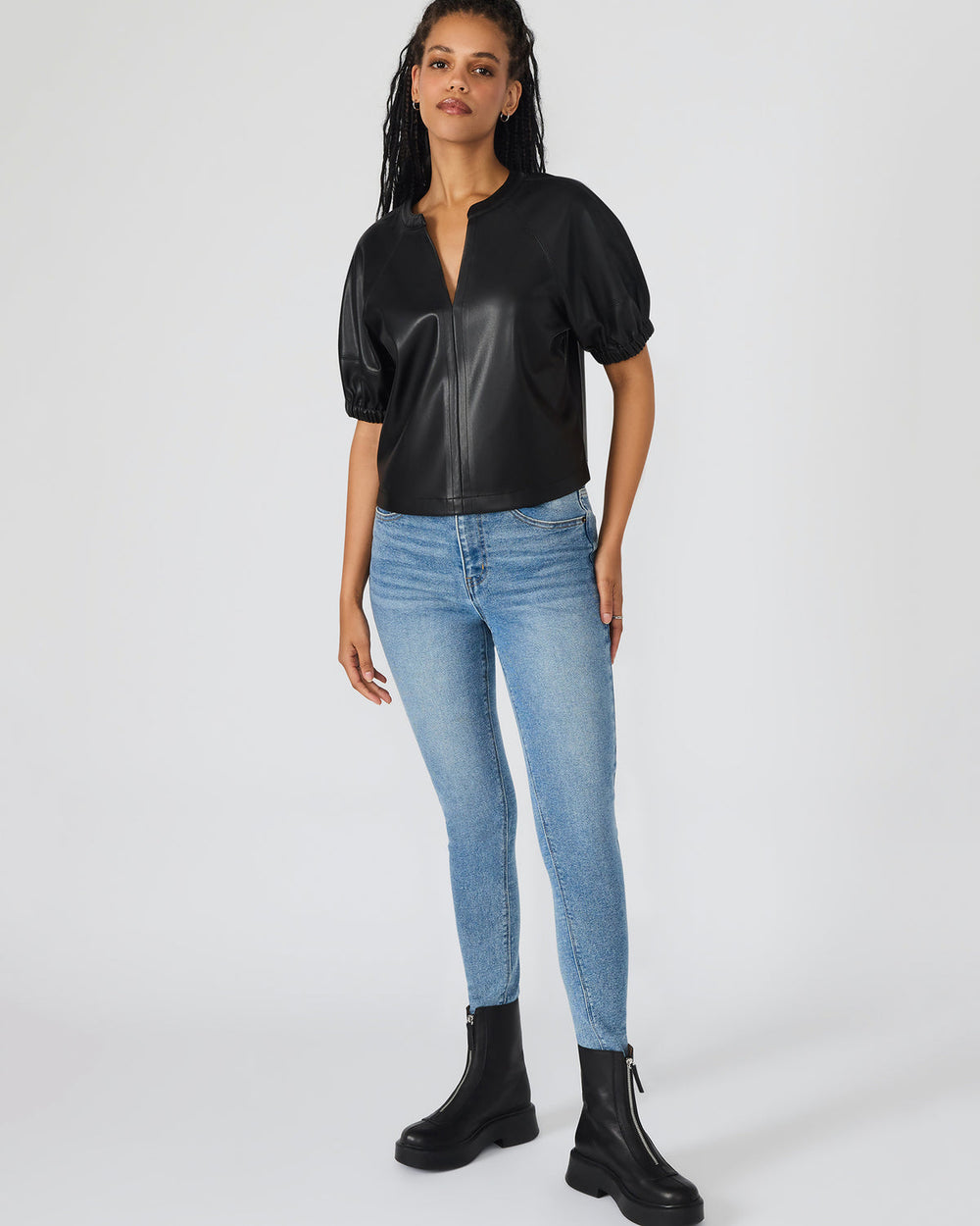 ROXANNE Black Short-Sleeved Faux Leather Puff Sleeve Women's Top | Steve Madden near me