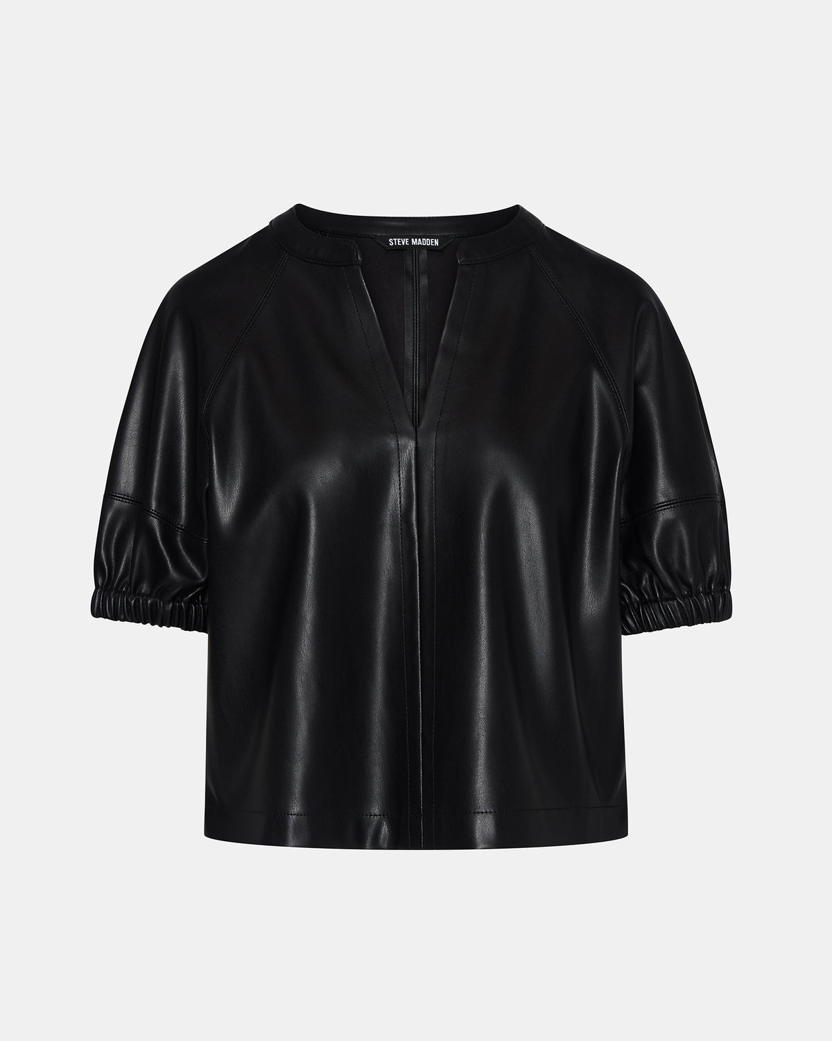 ROXANNE Black Short-Sleeved Faux Leather Puff Sleeve Women's Top | Steve Madden near me