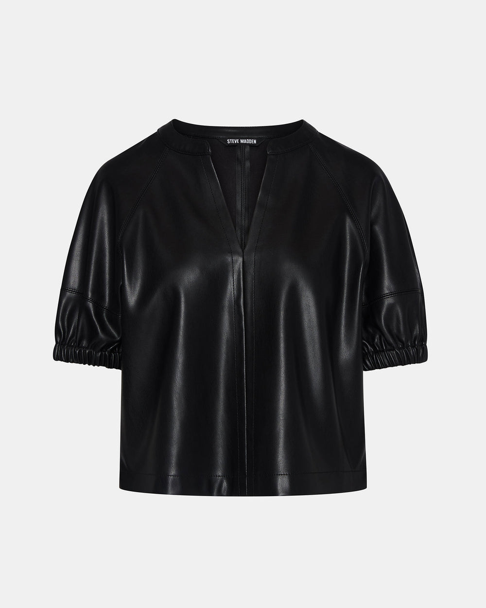 ROXANNE Black Short-Sleeved Faux Leather Puff Sleeve Women's Top | Steve Madden near me