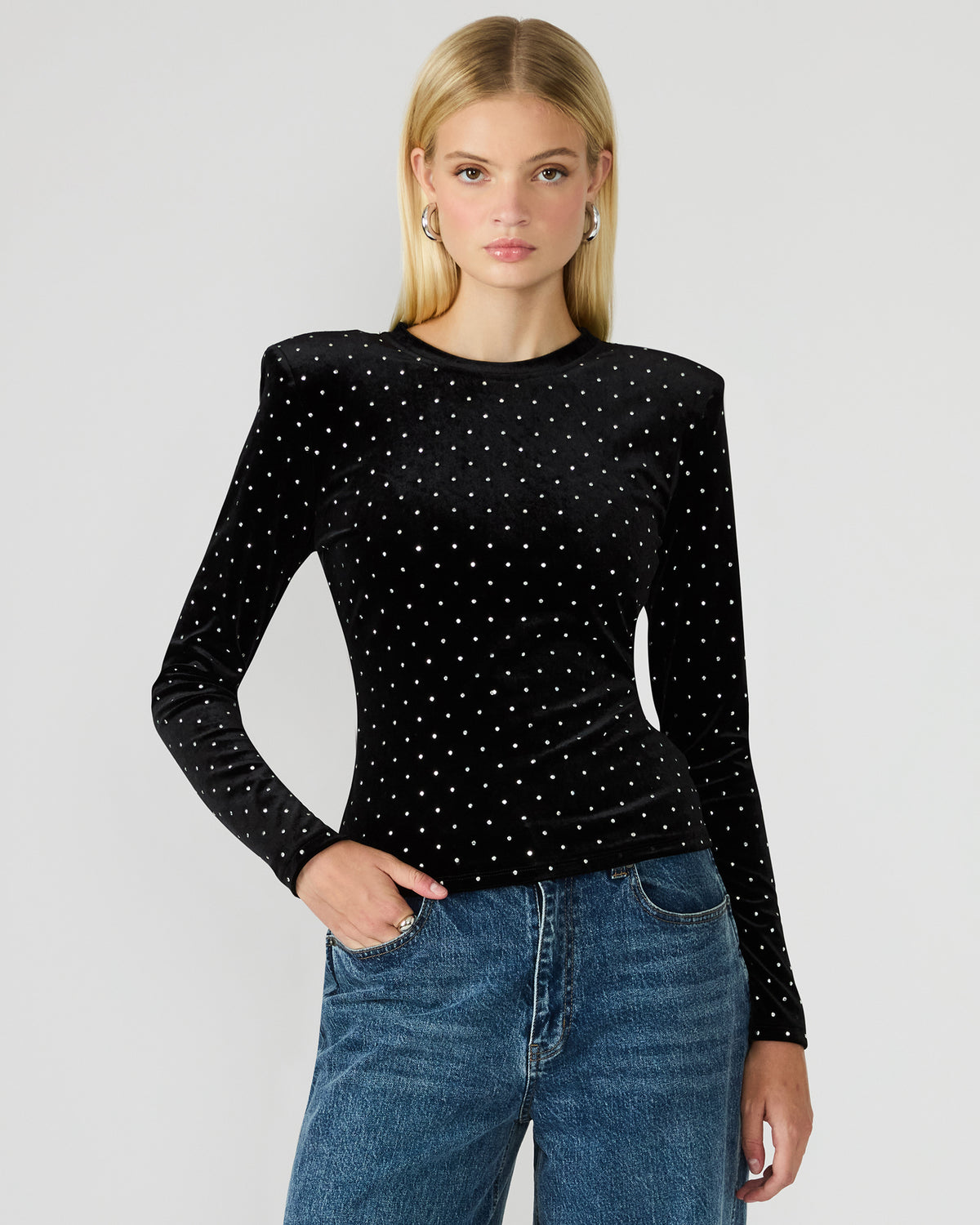 MADILYN Black Studded Velvet Long-Sleeved Rhinestone Embellished Women's Top | Steve Madden discount