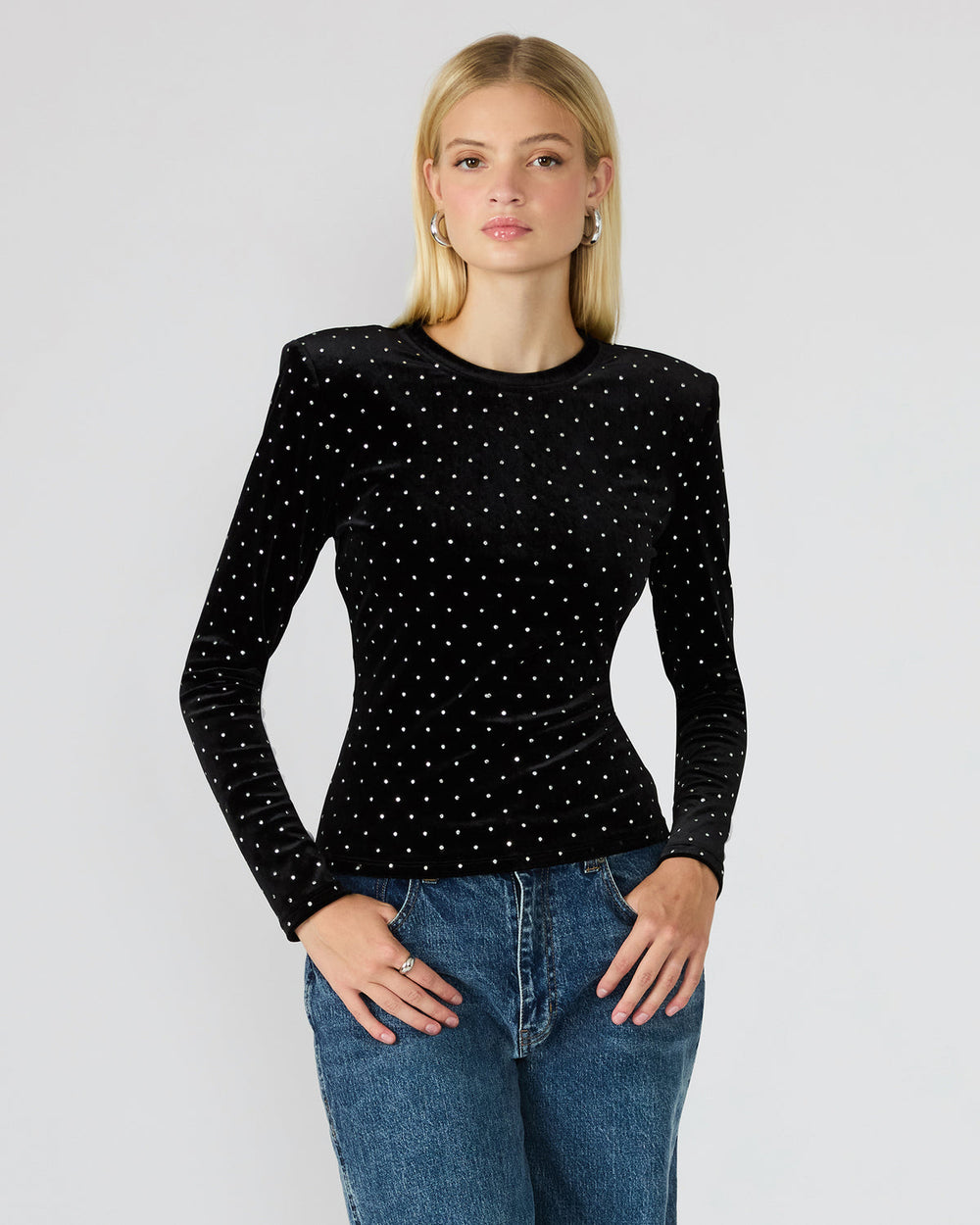 MADILYN Black Studded Velvet Long-Sleeved Rhinestone Embellished Women's Top | Steve Madden discount