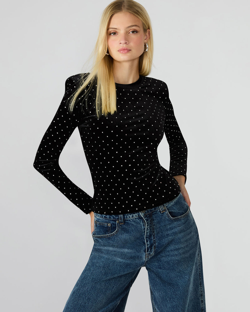 MADILYN Black Studded Velvet Long-Sleeved Rhinestone Embellished Women's Top | Steve Madden discount