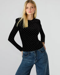 MADILYN Black Studded Velvet Long-Sleeved Rhinestone Embellished Women's Top | Steve Madden discount