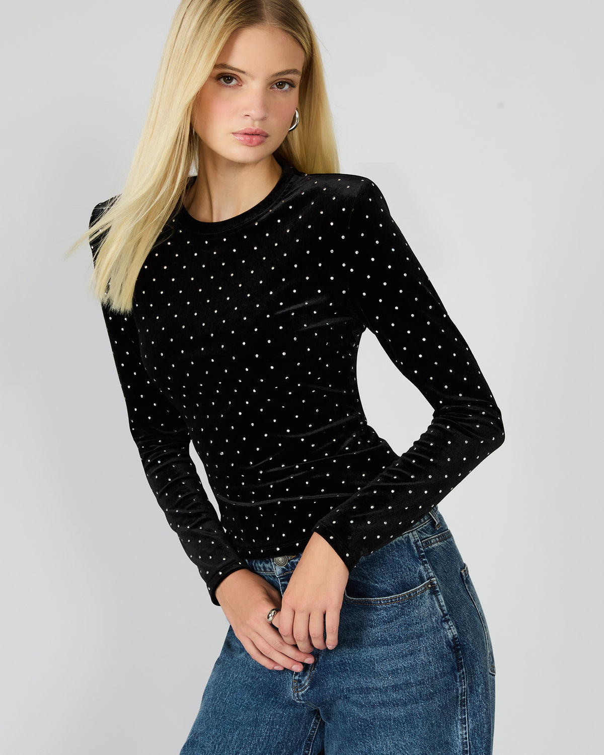 MADILYN Black Studded Velvet Long-Sleeved Rhinestone Embellished Women's Top | Steve Madden discount