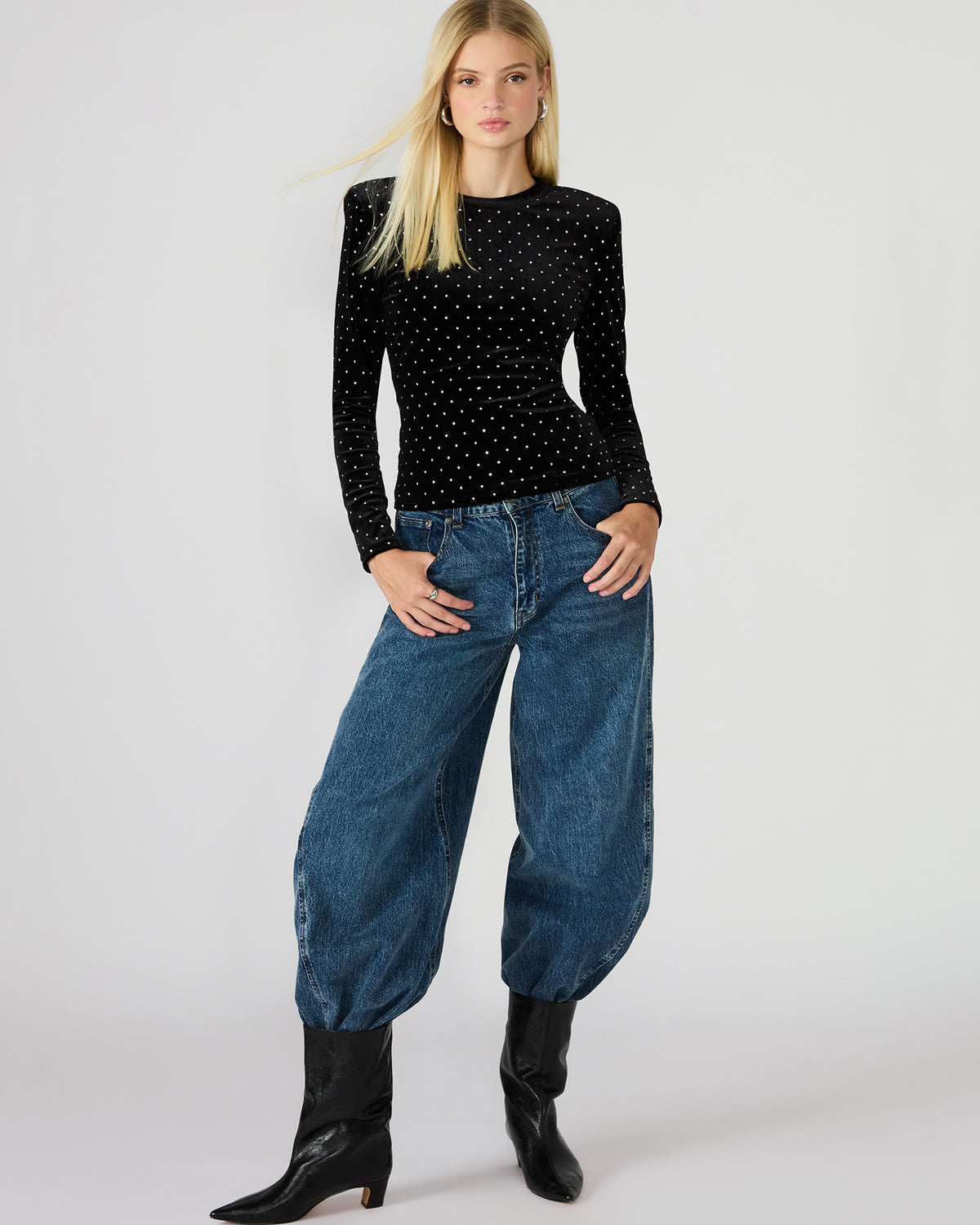 MADILYN Black Studded Velvet Long-Sleeved Rhinestone Embellished Women's Top | Steve Madden discount