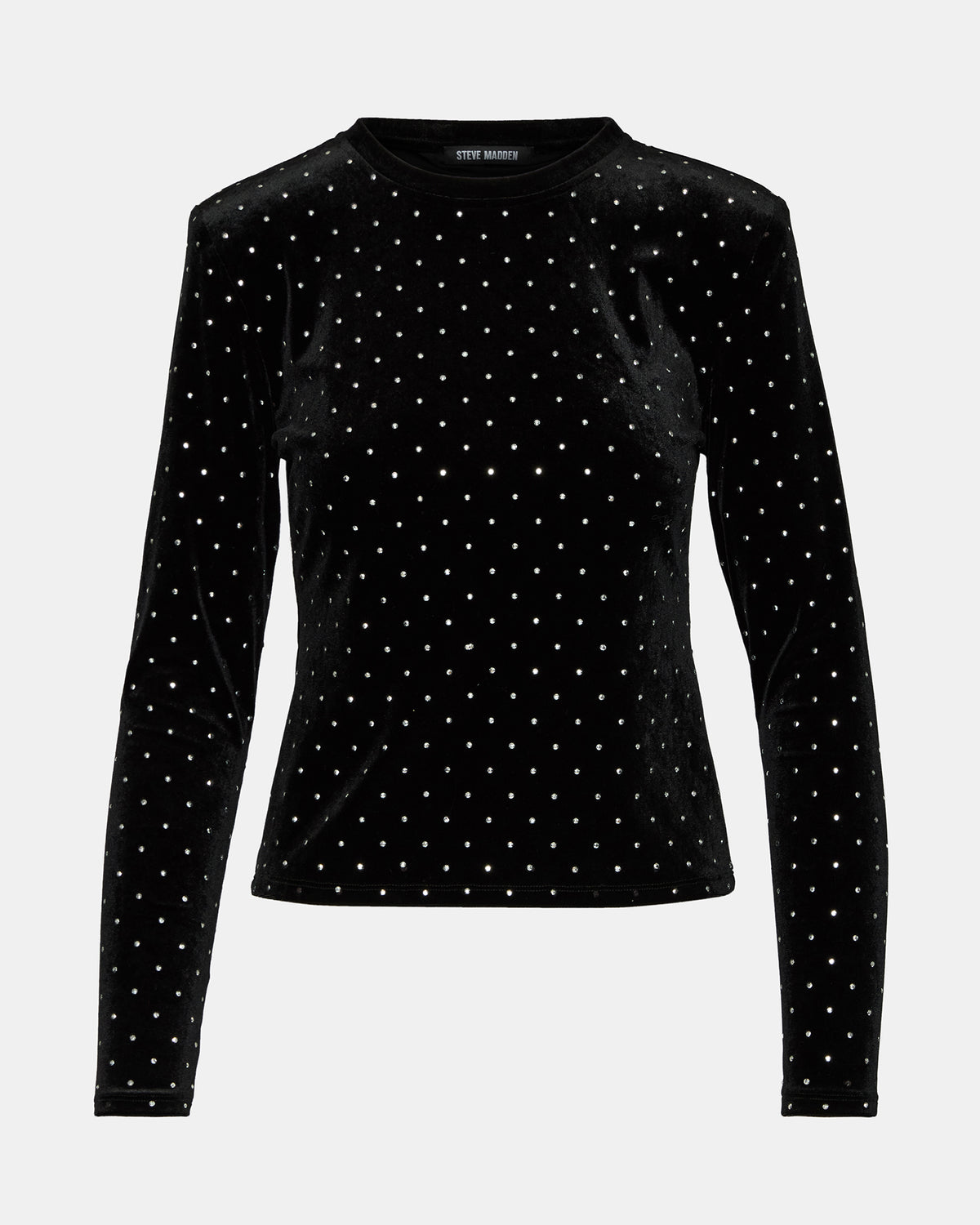 MADILYN Black Studded Velvet Long-Sleeved Rhinestone Embellished Women's Top | Steve Madden discount