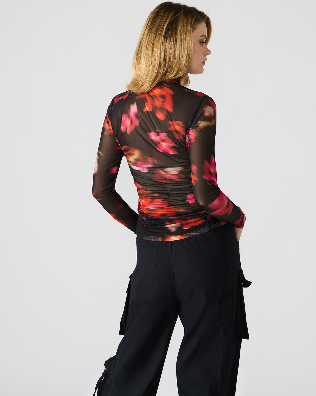 TAYLORE Blurry Floral Long-Sleeved Sheer Mesh Fabric Women's Top | Steve Madden online
