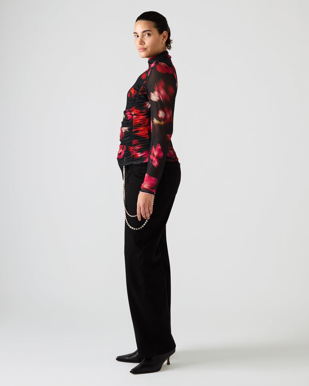 TAYLORE Blurry Floral Long-Sleeved Sheer Mesh Fabric Women's Top | Steve Madden online
