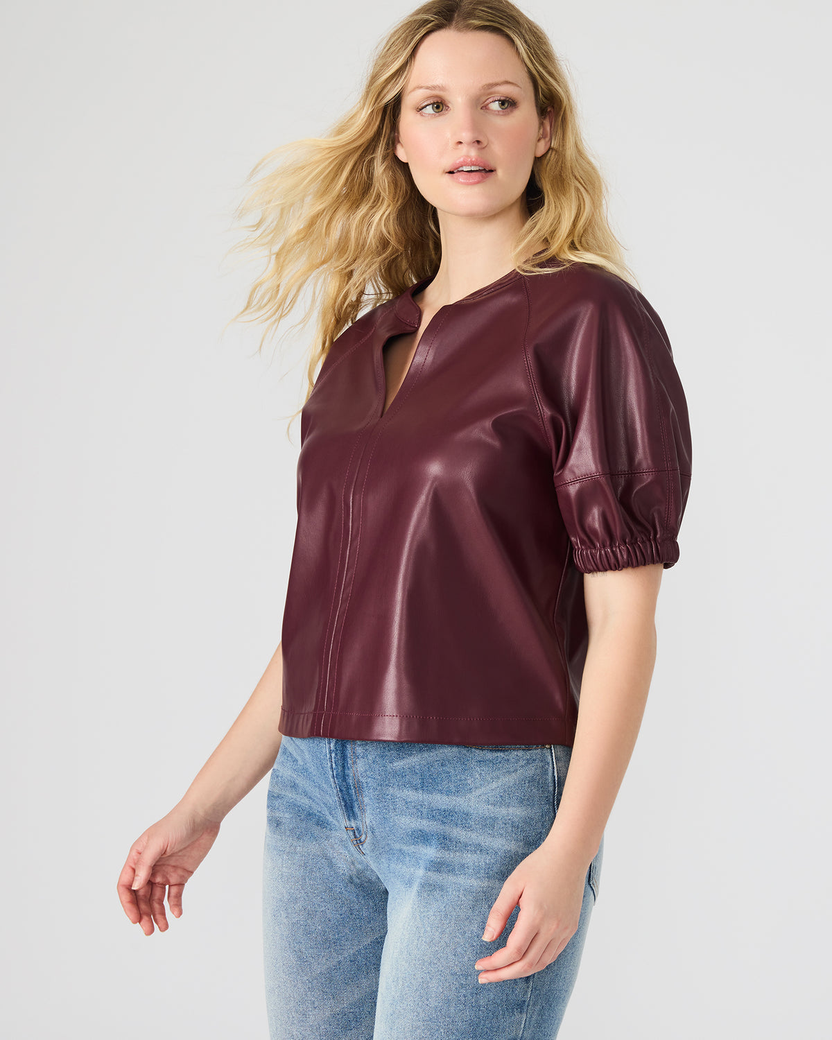 ROXANNE Wine Short-Sleeved Faux Leather Puff Sleeve Women's Top | Steve Madden US