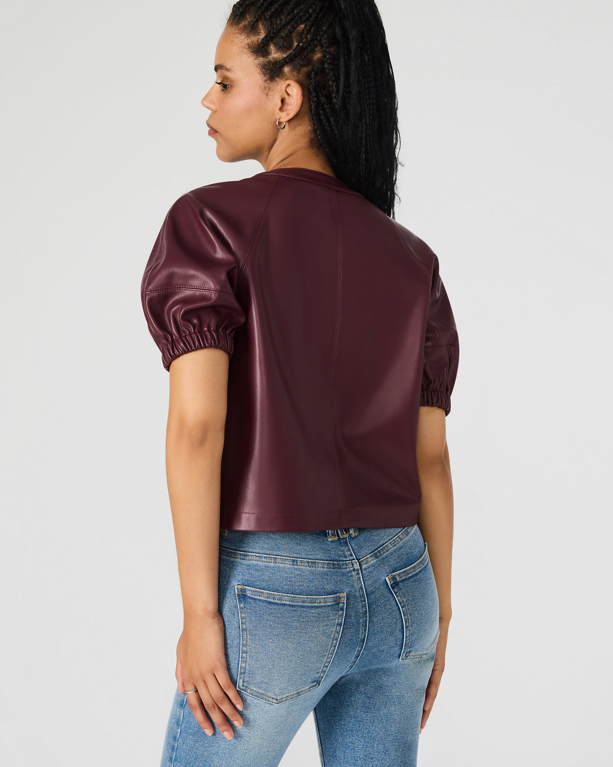 ROXANNE Wine Short-Sleeved Faux Leather Puff Sleeve Women's Top | Steve Madden US