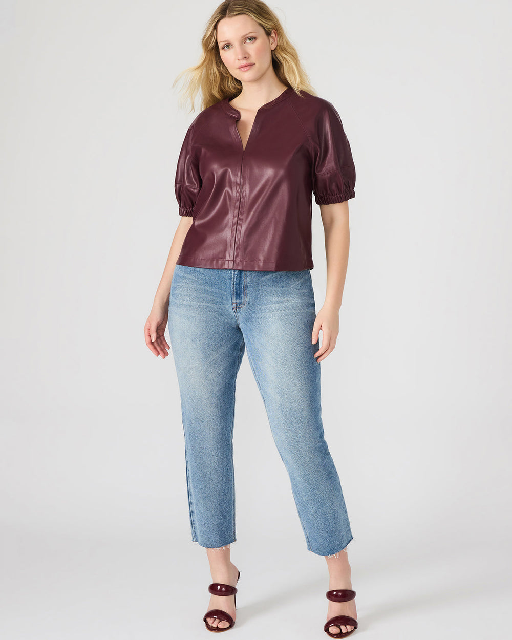 ROXANNE Wine Short-Sleeved Faux Leather Puff Sleeve Women's Top | Steve Madden US