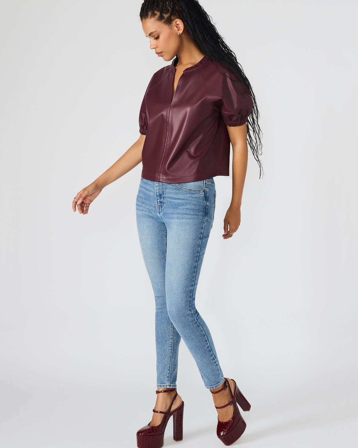 ROXANNE Wine Short-Sleeved Faux Leather Puff Sleeve Women's Top | Steve Madden US